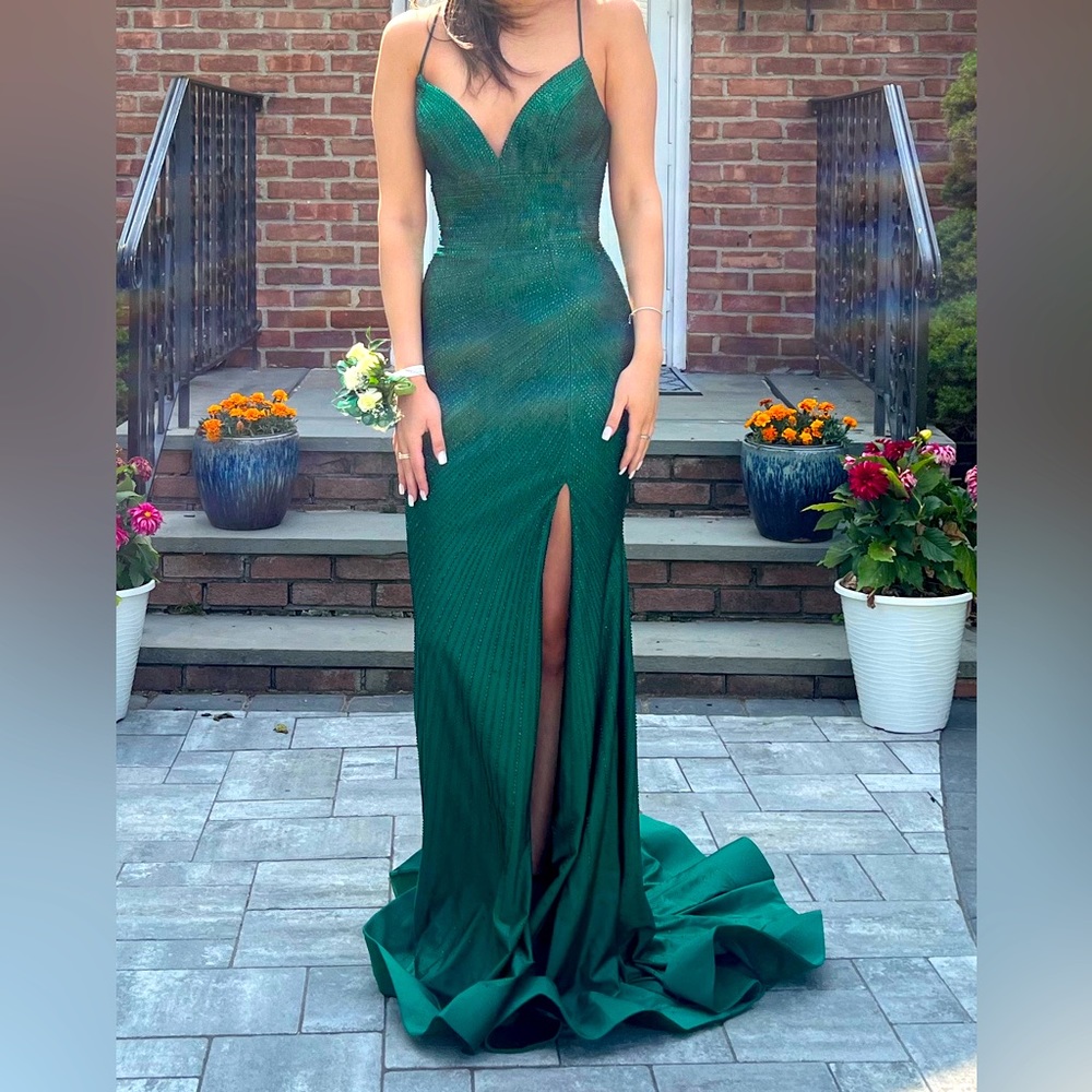 Prom dress with long train , front leg slit.open back with straps.